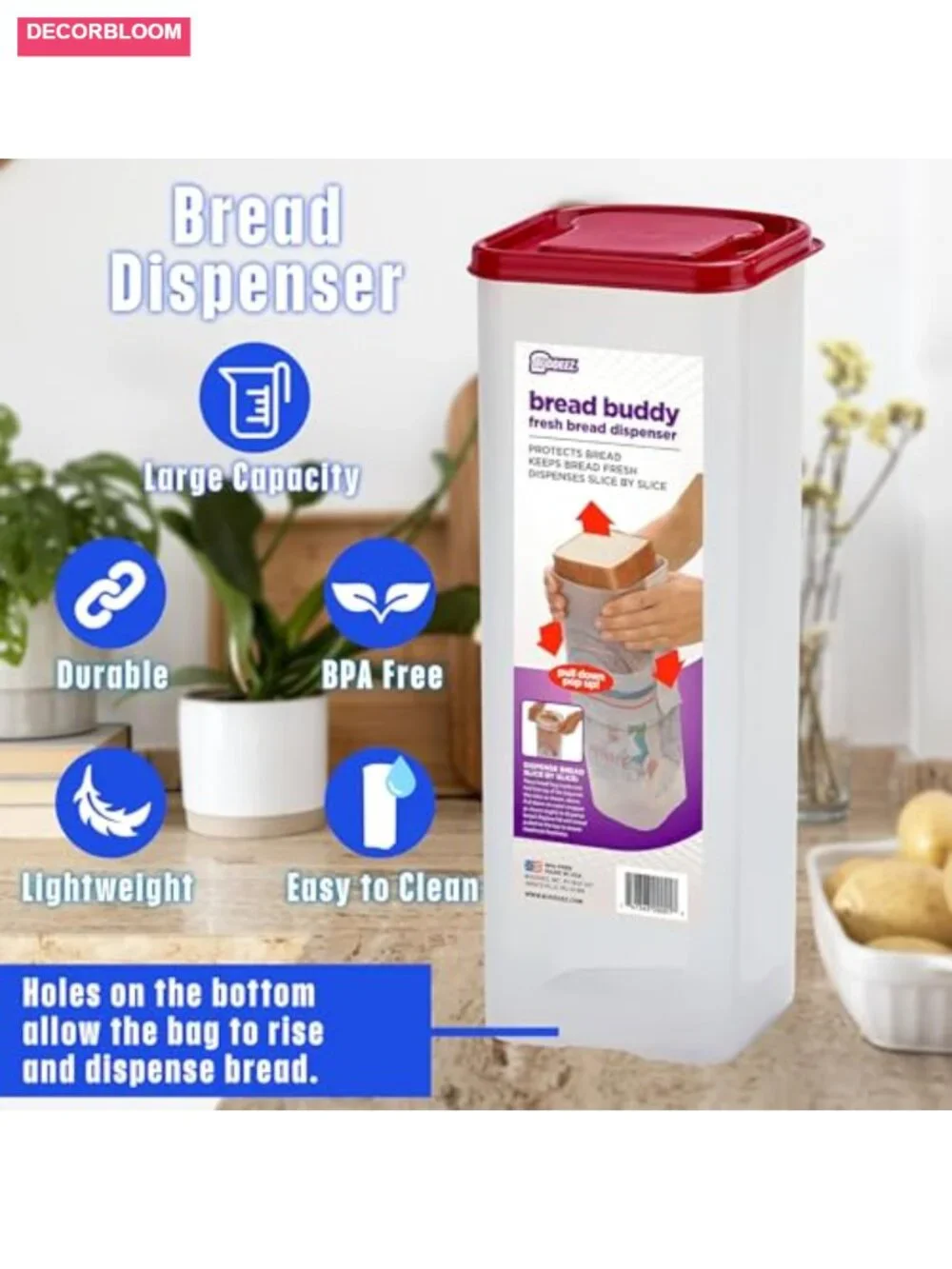 Bread Box Dispenser Keeps Bread Fresh BPA-Free Plastic Food Storage